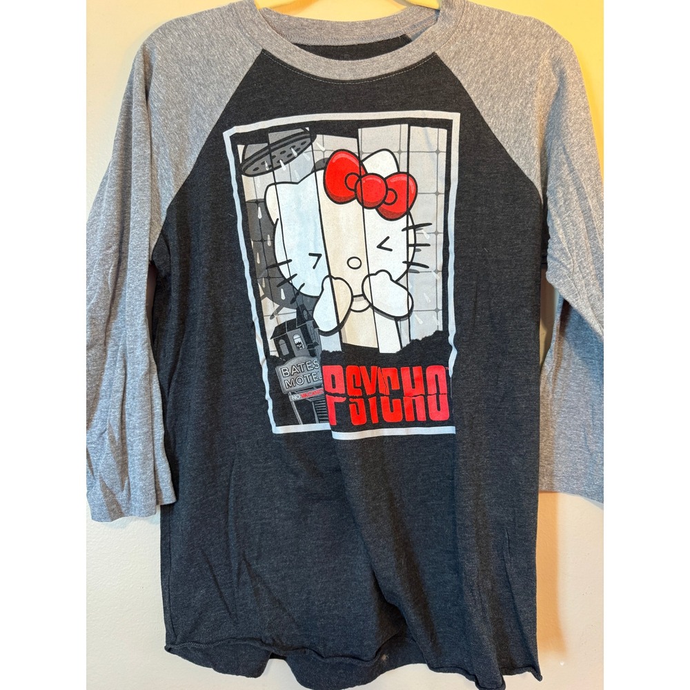 Hello Kitty Psycho Bates Motel Raglan Tee Grey 3/4 Sleeve Baseball Shirt Womens